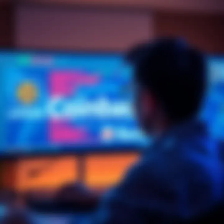 A person looking at a computer screen with Coinbase and bank logos, showing a wire transfer process