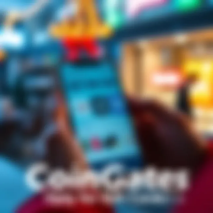 A person using CoinGate on a smartphone to purchase gift cards, showing the app interface with various card options displayed.