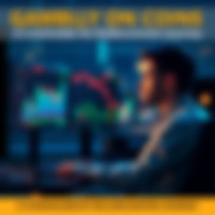 A person sits at a desk, looking thoughtfully at a computer screen displaying various coin values, symbolizing the ups and downs of coin investments.