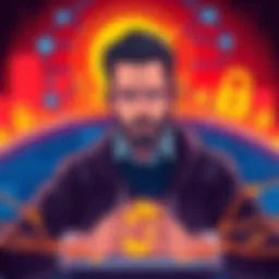 Coinkite CTO Peter Gray Security Incident Illustration of a worried man, representing Peter Gray, surrounded by digital security symbols and a large dollar sign, symbolizing the Coldcard hack. The background shows a networked environment hint...