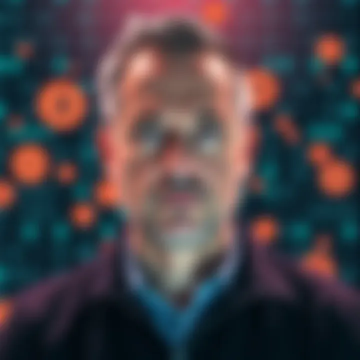 Peter Gray, CTO of Coinkite, with a concerned expression, surrounded by digital currency symbols and a backdrop of binary code