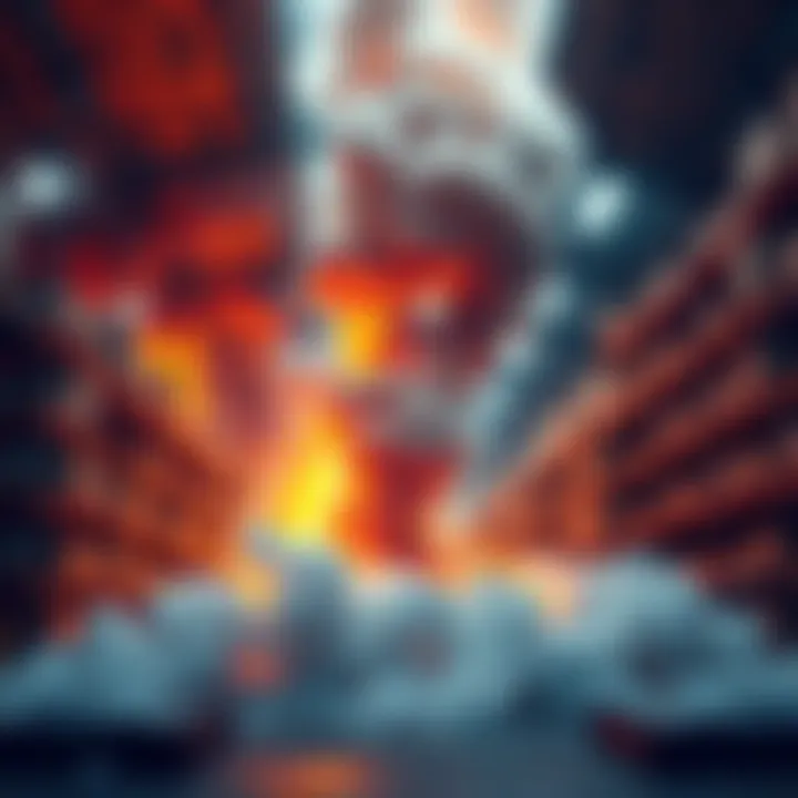 A warehouse with smoke rising from destroyed crypto inventory, illustrating Coinkite's bold move to eliminate stock.