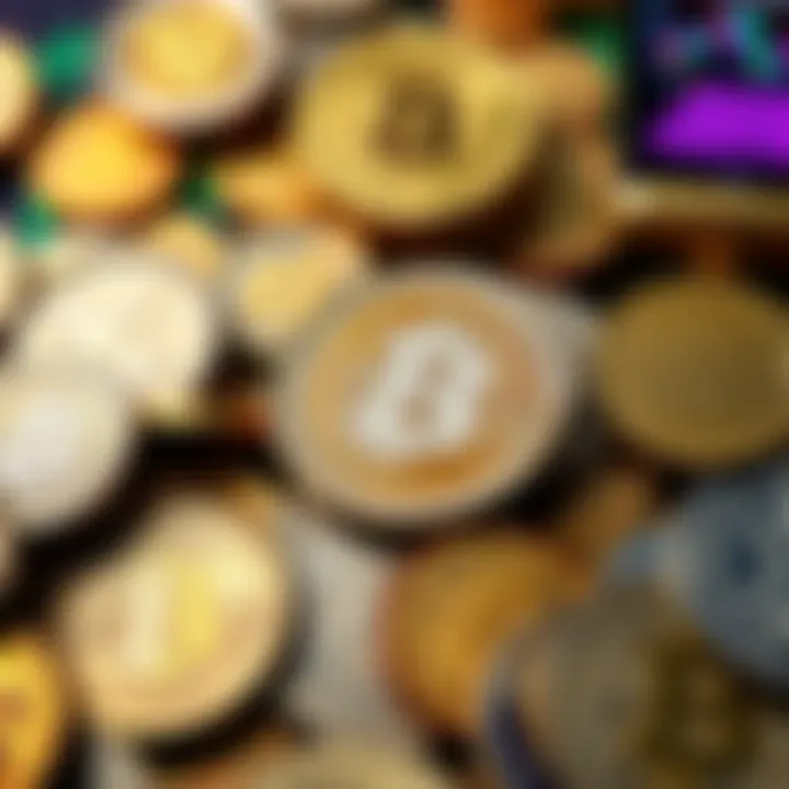 A collection of physical coins alongside graphics of digital currency symbols, representing the competition between traditional and digital assets.