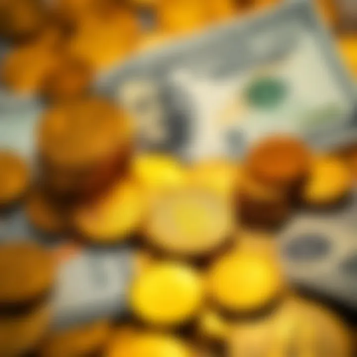 A collection of gold coins and dollar bills arranged to show the shift from gold to paper currency in the economy.