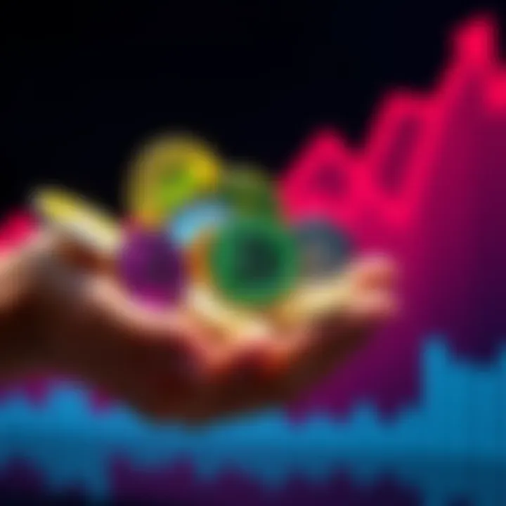 A hand holding various cryptocurrency coins, symbolizing investment strategies like dollar-cost averaging, with a graph showing upward trends in the background.