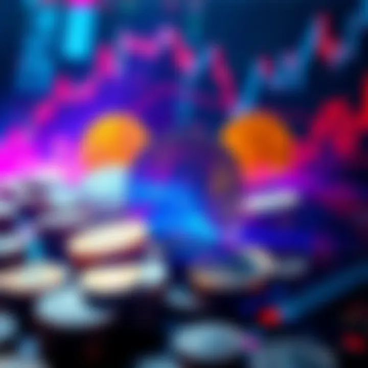 A digital representation of various coins with staking symbols, surrounded by growth charts and investment graphics.