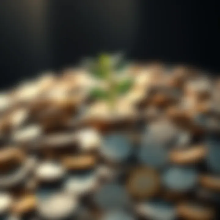 A pile of coins with a small green plant growing out of them, symbolizing money growth and saving habits.