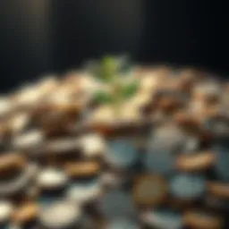 Coins and a growing plant A pile of coins with a small green plant growing out of them, symbolizing money growth and saving habits.
