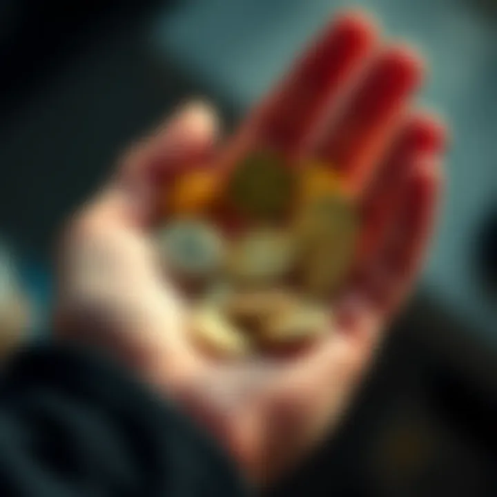 A person holding a handful of shiny coins, contemplating whether to sell or hold them