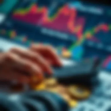 Coins and Investment A person analyzing different coins with a calculator and financial charts, focusing on investment strategies.