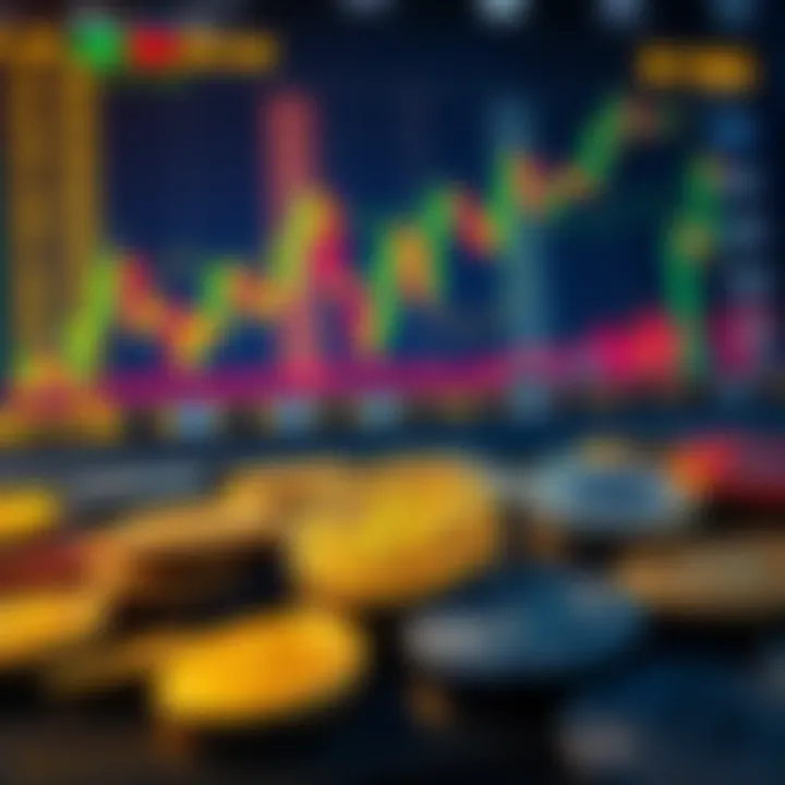 Coins on a trading platform Various cryptocurrency coins displayed on a digital trading platform with price charts in the background