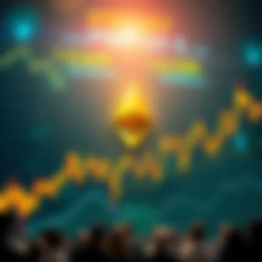 A digital representation of Ethereum price fluctuations with a graph showing sharp spikes and community reactions on forums.