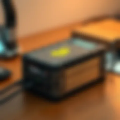 A secure cold wallet device for safely storing Bitcoin, with a digital interface and connected cables, placed on a wooden desk.