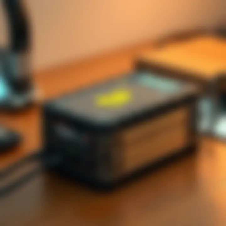 A secure cold wallet device for safely storing Bitcoin, with a digital interface and connected cables, placed on a wooden desk.