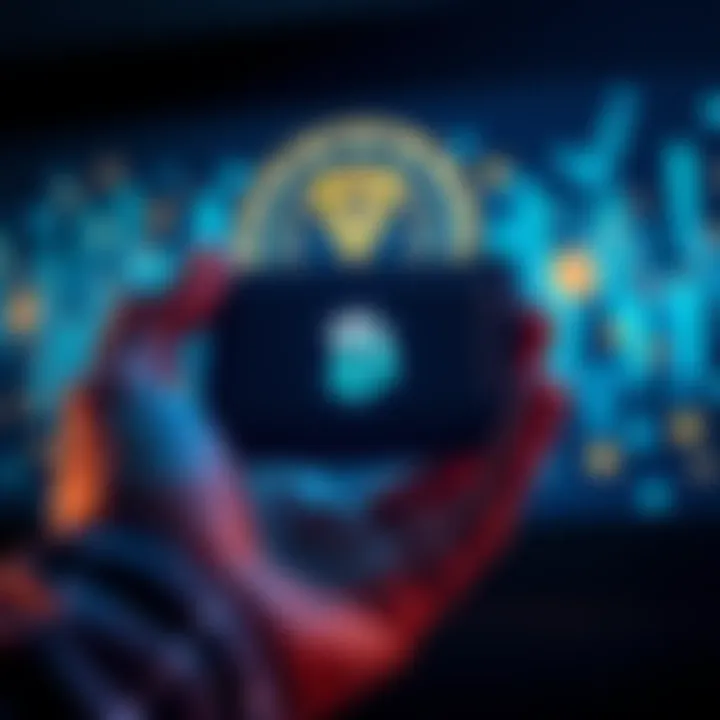 A person holding a cold wallet device, with digital cryptocurrency graphics in the background.