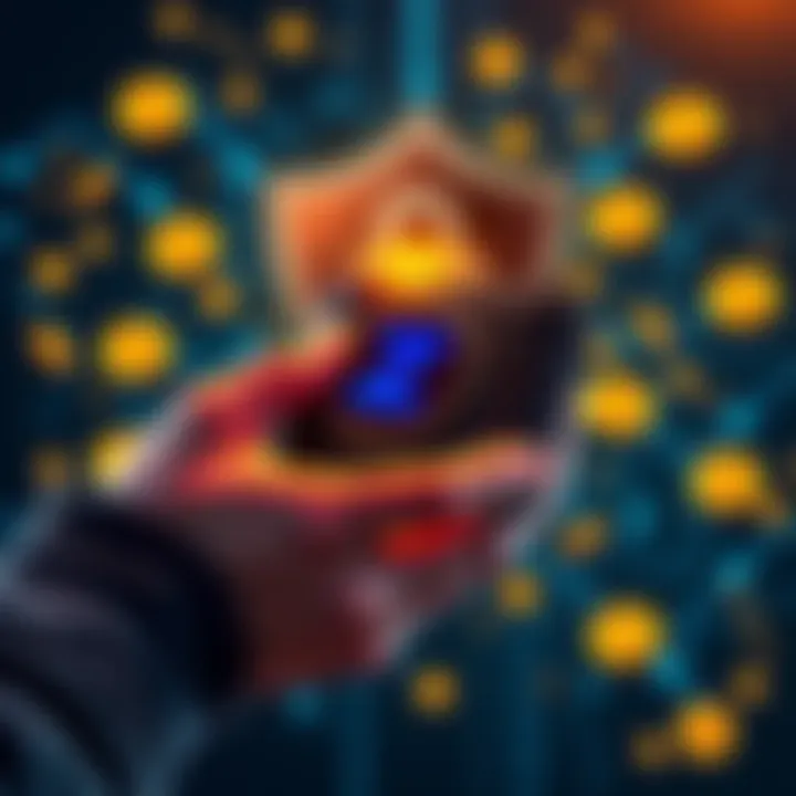 A person holding a digital cold wallet with Zcash logo on it, surrounded by digital coins and a shield symbol for security.