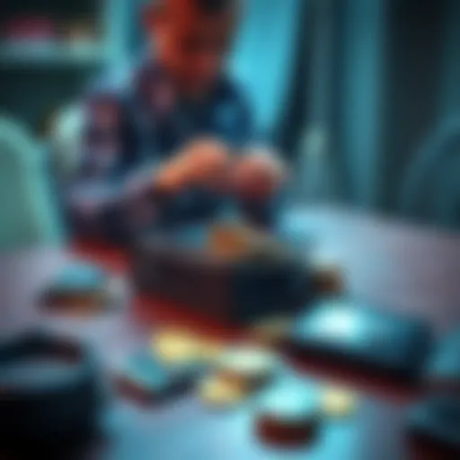 A person organizing multiple cold wallets on a table, representing secure cryptocurrency storage practices.