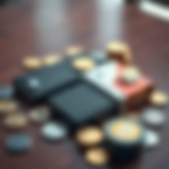 A selection of cold wallets including Ledger Nano S+ and BitBox02 on a wooden table, surrounded by digital coins, representing secure storage for cryptocurrency assets.