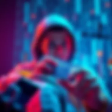 Coldcard Theft and Legal Consequences A visual representation of a person engaging in unauthorized transactions on a blockchain, with legal symbols and a Coldcard device in view.
