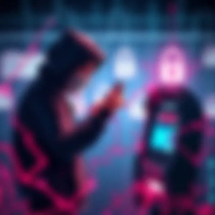 A visual representation of a hacker exploiting vulnerabilities in a self-banking system, with digital locks and security symbols in the background.