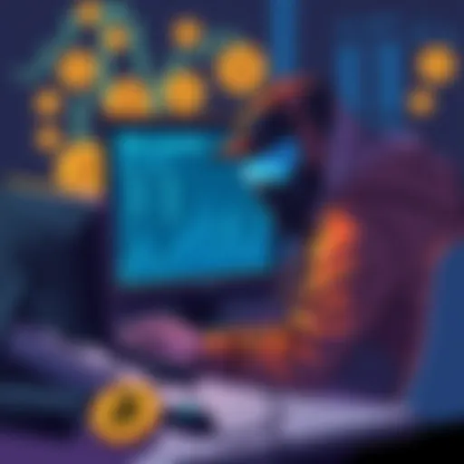 Illustration of a hacker frustrated at a computer, with Bitcoin symbols and a mixing queue on the screen