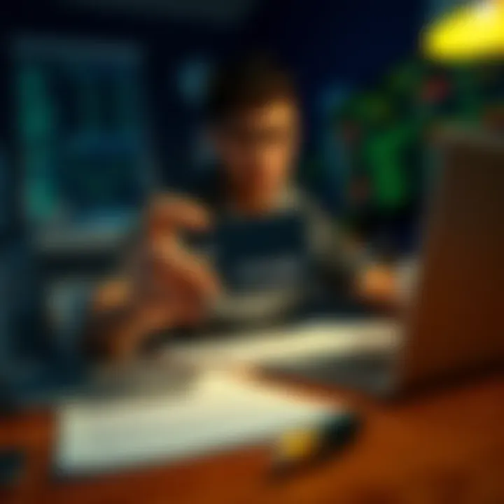 Coldcard hardware failure scene A person looks stressed while holding a failed Coldcard device. Papers and a laptop are on the table, showing cryptocurrency data.