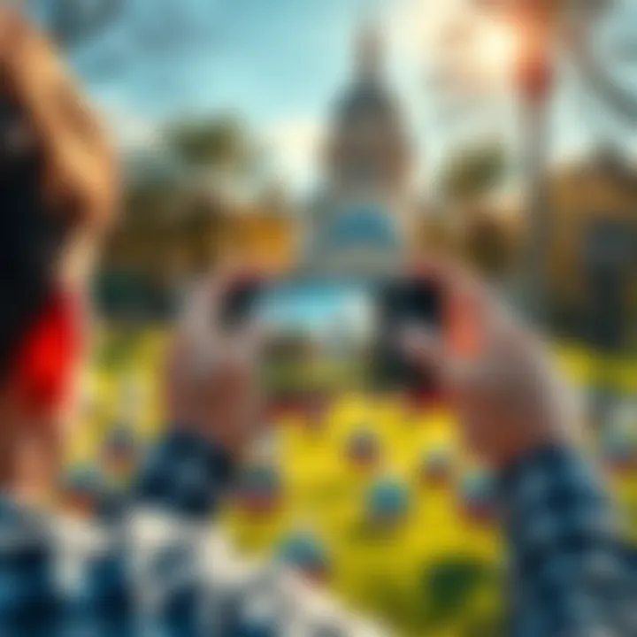 Collecting Landmarks Concept A person taking a picture of a landmark with a phone, surrounded by badges symbolizing collected landmarks, in a sunny park setting.