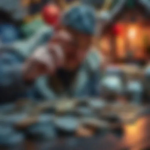 A collector examines various uncleaned coins on a table, highlighting their unique features and texture, with winter-themed decorations in the background.