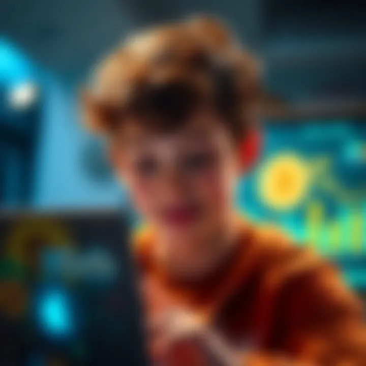 A young college student looking at a laptop with Bitcoin graphics on the screen, showing excitement about his recent purchase.