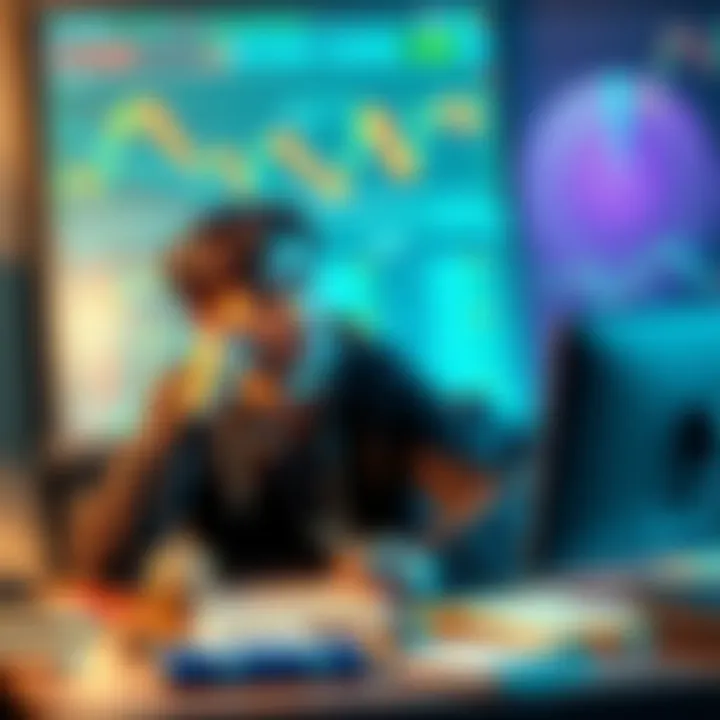 A college student sitting at a desk, looking at charts and graphs related to Litecoin trading, with a thoughtful expression.