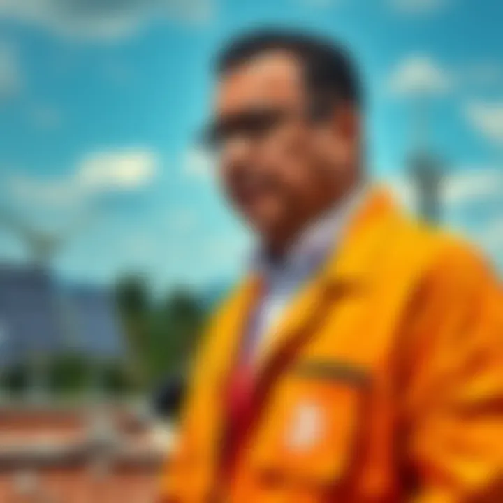 Colombian President Gustavo Petro discussing plans for a Bitcoin mining hub on the Caribbean coast with renewable energy sources in the background