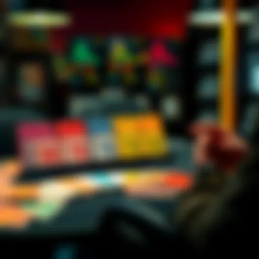 Color cards displayed on a table Color cards representing different values arranged on a table with a person contemplating selling them