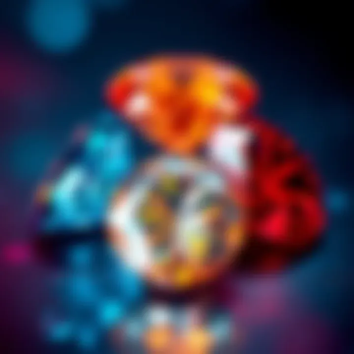 Three colored diamonds: blue, orange, and red displayed together, showcasing their vivid hues.