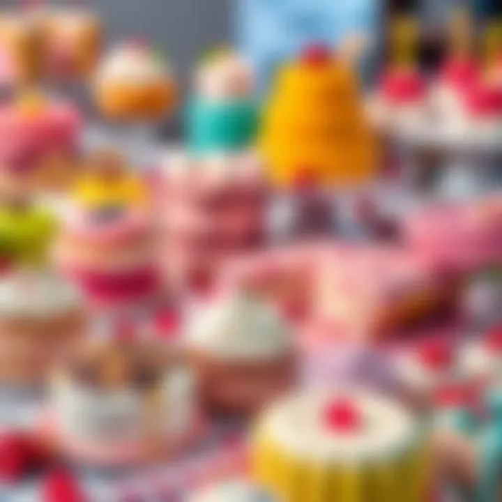 A variety of colorful desserts including cakes, pastries, and candies arranged on a table