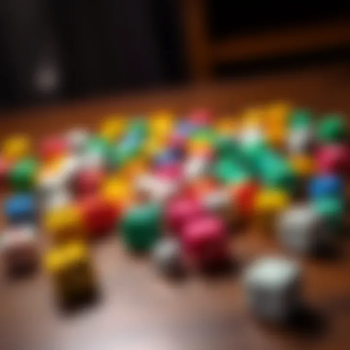 A variety of colorful dice scattered on a wooden table, symbolizing financial choices and strategies.