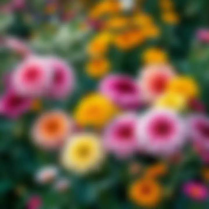 A bright display of dahlias, ranunculus, and zinnias in a garden setting