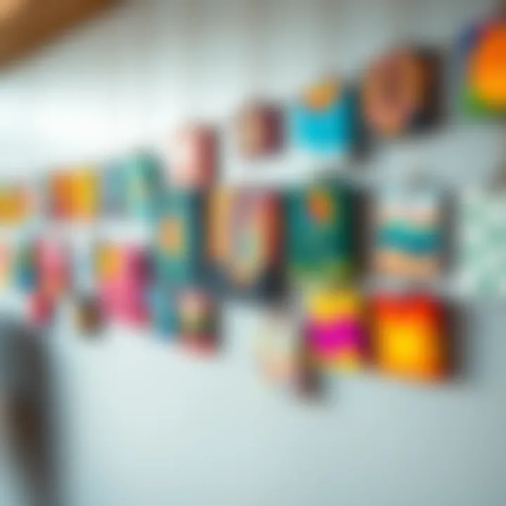 A collection of small, colorful canvases hanging on a wall, showcasing various artistic designs and patterns.