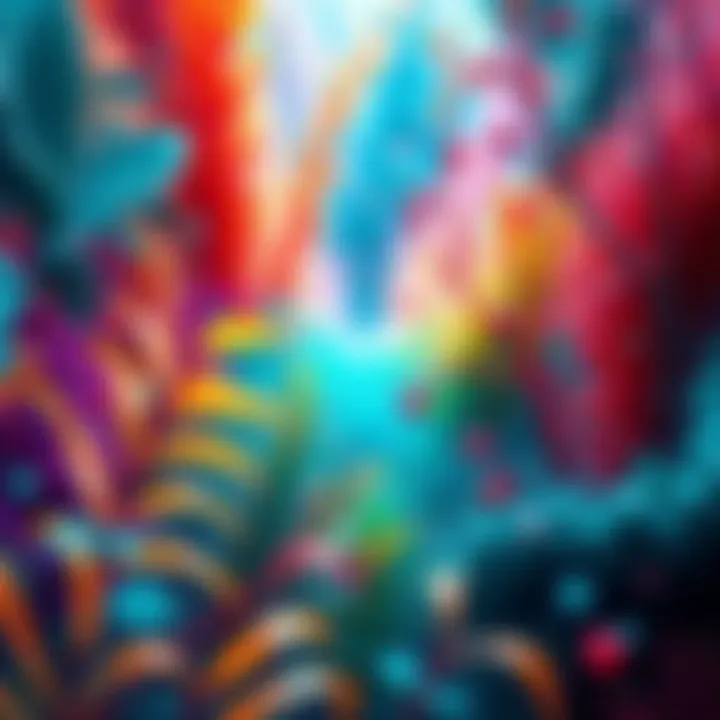 A vibrant scene showing colors swirling in nature, representing beauty in chaos, with plants and abstract shapes blending together