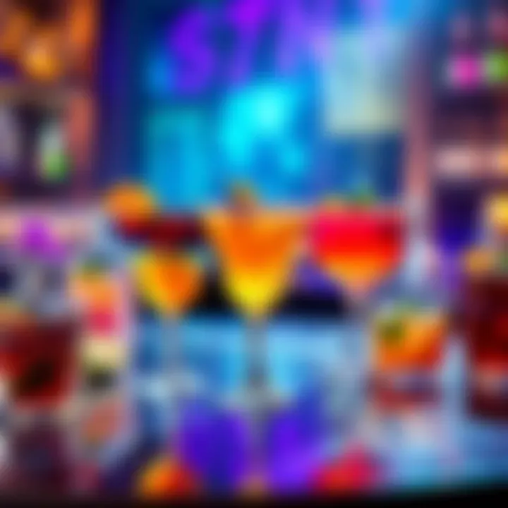 A table filled with vibrant cocktails inspired by cryptocurrency themes, with garnishes and colorful ingredients