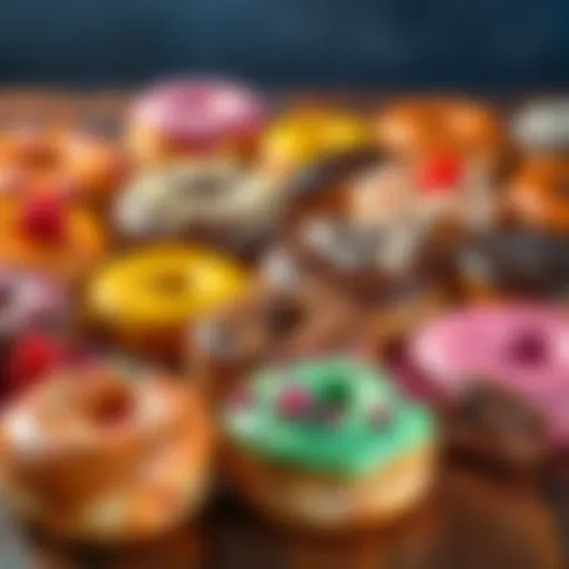 A variety of donuts with different toppings and flavors displayed on a wooden table