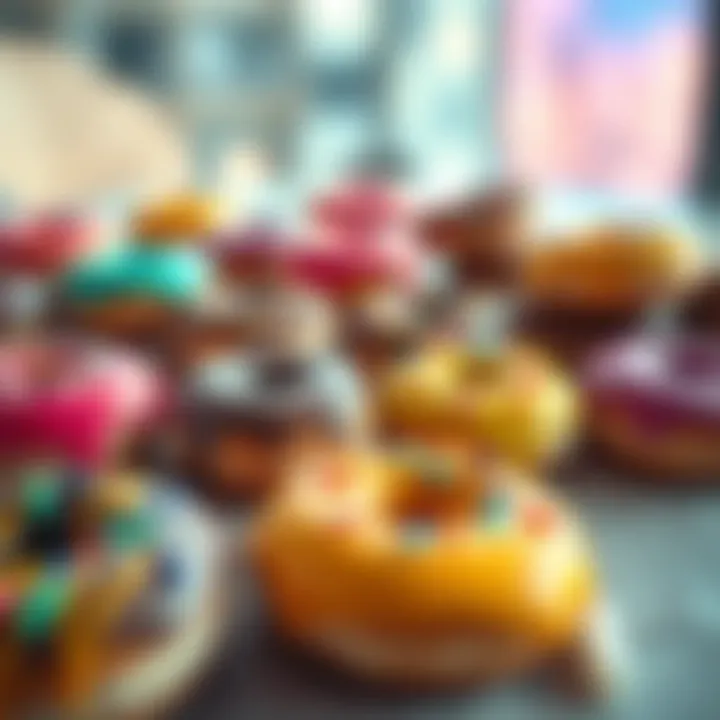 An assortment of colorful donuts laid out on a table for discussion