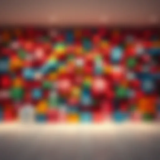 A wall decorated with various colorful gift boxes arranged in an artistic display