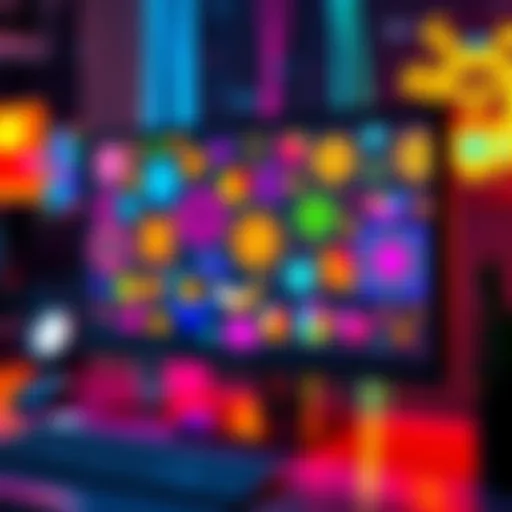 A computer screen displaying vibrant NFT artwork, showing various shapes and designs, representing the digital art market
