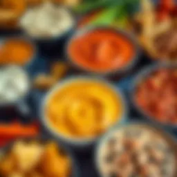 A variety of colorful dips served in bowls with fresh vegetables and chips around them, perfect for a party.