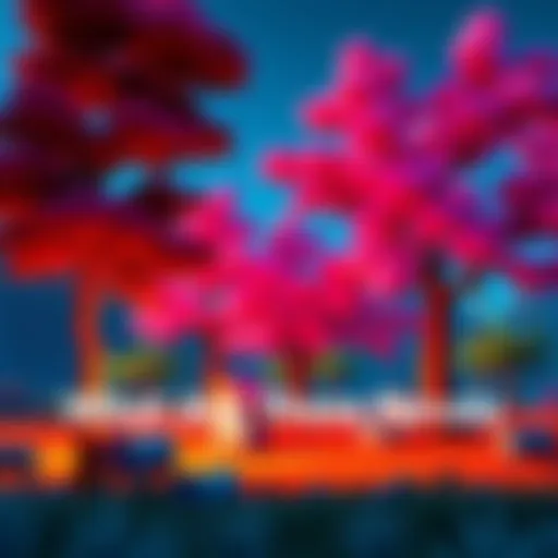Bright red and purple trees with unique trunks alongside parcels in a gaming setting