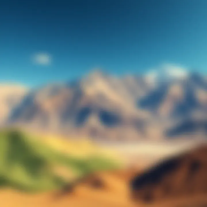 Different shades of Earth's land like green hills, brown mountains, and golden deserts under a clear sky