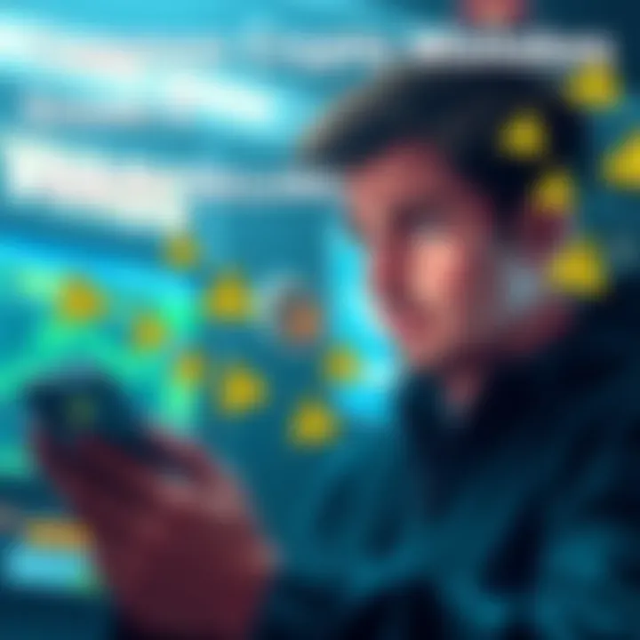 A person looking worried while checking their cryptocurrency portfolio on a smartphone with warning icons around them