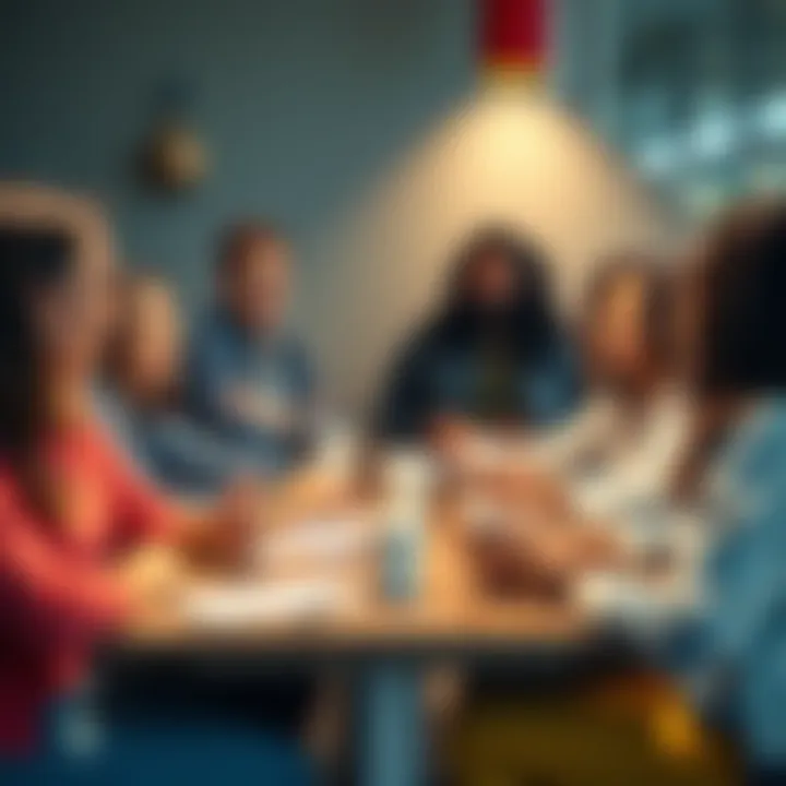 A group of diverse people engaging in conversation around a table with notepads and coffee cups