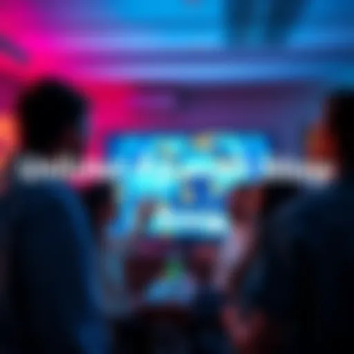 A group of people gathered around a screen, watching ads together while chatting excitedly, promoting community engagement.