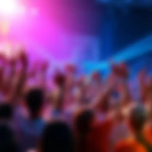 A crowd of enthusiastic fans cheering and celebrating a comeback event, showing excitement and energy